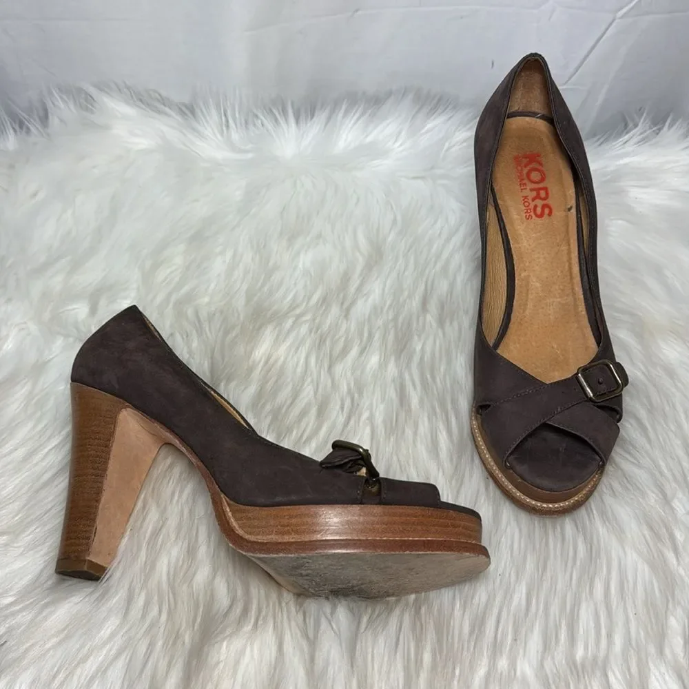 Michael Kors Dark Spice  Brown Nubuck Peep Toe Platform Heels Sz 10‎